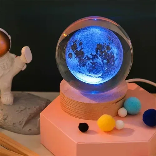Renk Değiştiren Dolunay Cam Küre 6 Cm Ahşap Altlık İle