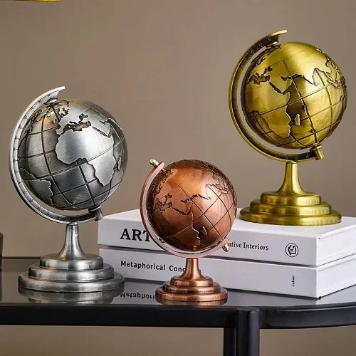 Şık Metal Dünya Küresi 14 Cm Vintage Dekorasyon