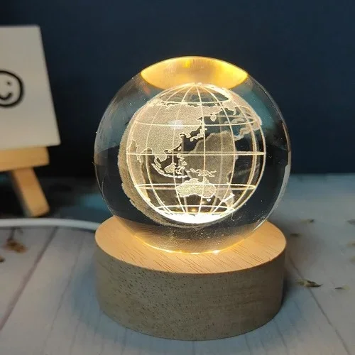 Dekoratif Işıklı Cam Dünya Küresi 6 Cm Ahşap Altlık