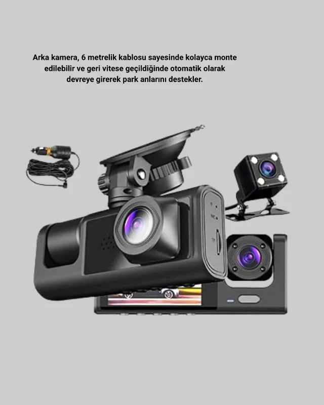 Gelişmiş Üç Kameralı Araç Dvr 1080p Gece Görüşlü 2 İnç Ekran