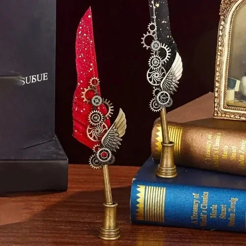 Şık Tüylü Mürekkepli Divit Kalem Seti 5'li Hediye