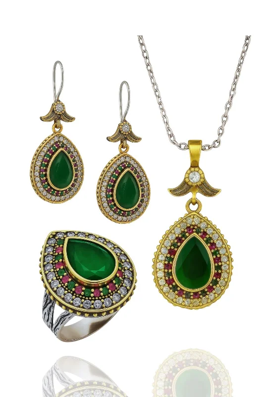 Didar Serisi Damla Zümrüt Taşlı Seti Damla Gümüş Üçlü Kadın Takı Seti