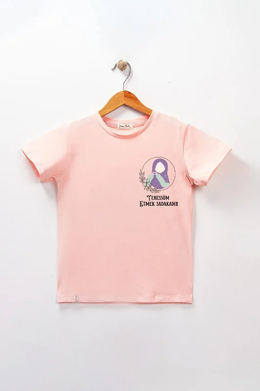 Kız Çocuk Kısa Kollu Bisiklet Yaka "Tebessüm Etmek Sadakadır" Baskılı Tişört Mevsimlik Pamuklu