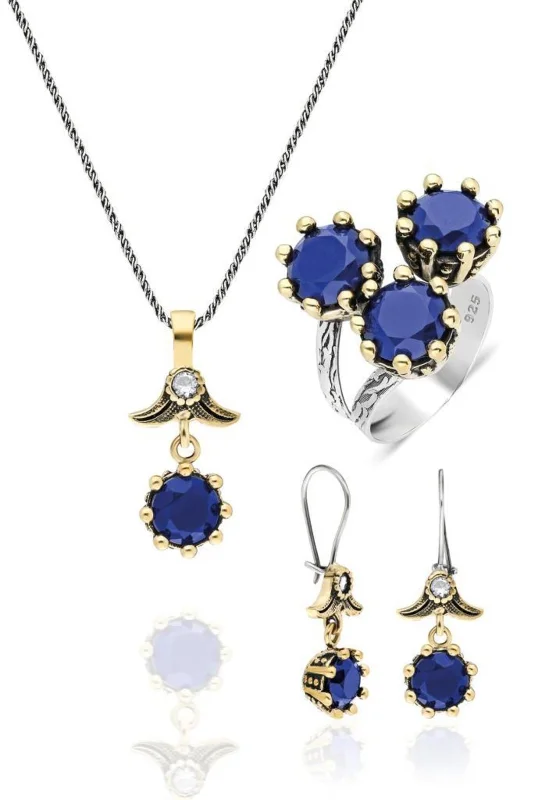Söğütlü Serisi Mavi Safir Taşlı Üçlü Otantik Gümüş Set Takı