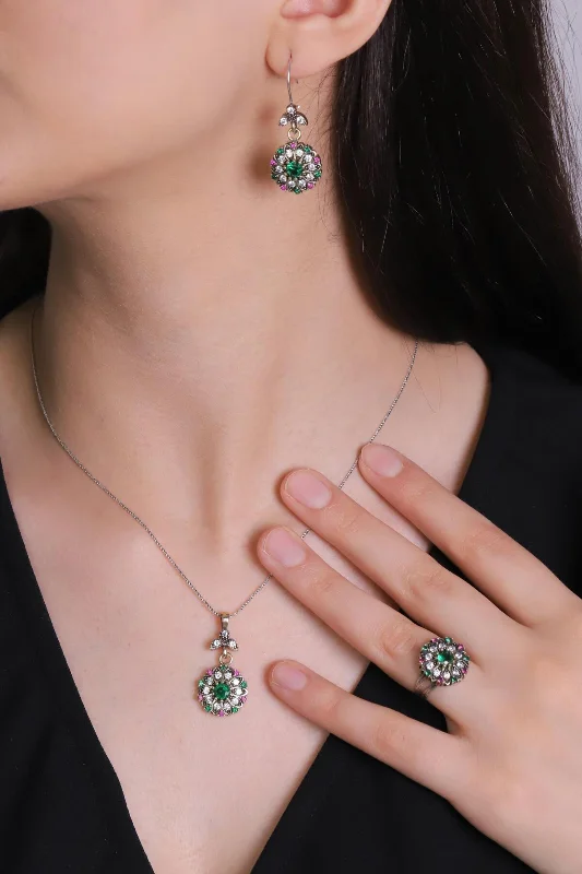 Verde Serisi Renkli Taşlı Gümüş Üçlü Set Otantik Takı Ayarlanabiilir Yüzüklü – 3. görsel