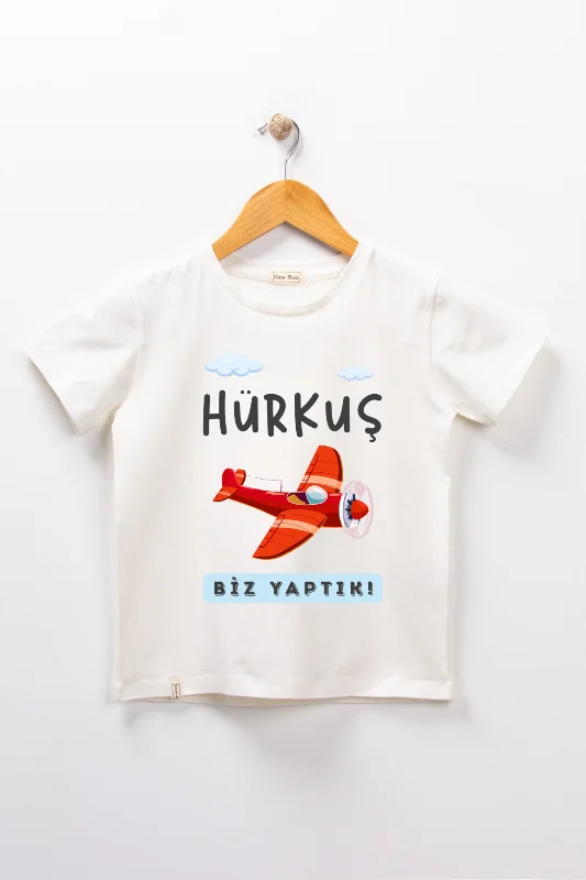 Erkek Çocuk Kısa Kollu Bisiklet Yaka "Hürkuş Biz Yaptık" Baskılı Tişört Mevsimlik Pamuklu