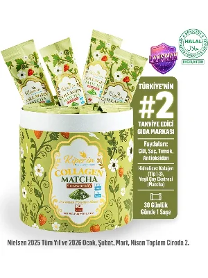 Çift Hidrolize Toz Kolajen Peptitleri(10gr) & 2gr Saf Matcha | Detox | Doğal Çilek Aroması | 30 Saşe