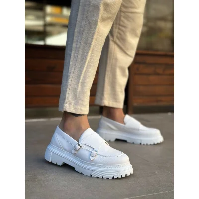 Pabucmarketi Bağcıksız Çift Tokalı Erkek Casual Ayakkabı BEYAZ (BEYAZ TABAN)