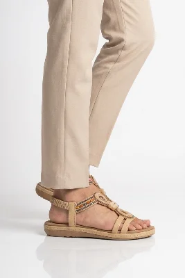 Bej Desenli İşlemeli Kadın Düz Sandalet