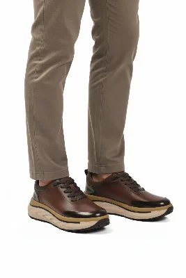 Kahve Hakiki Deri Bağcıklı Erkek Sneaker