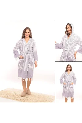 Hürrem Püsküllü Kapüşonlu Banyo Sauna Havuz Plaj Kadın Erkek Unisex Cepli Pamuklu Peştamal Bornoz