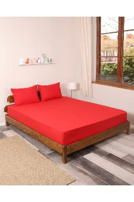 Kırmızı Lastikli Çarşaf Takımı Fitted Pamuklu Kumaş Yastık Kılıflı