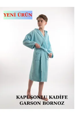 Pamuklu Kapüşonlu Genç Garson Boy Unisex Cepli Bukle Kadife Bornoz