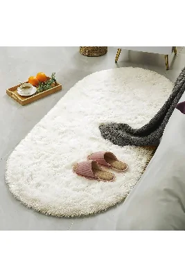 Krem Oval Post Halı Kesme Yolluk Peluş Yumuşak Kaymaz Dot Taban