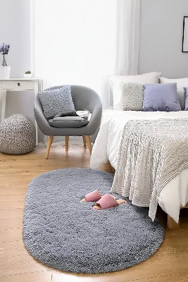 Gri Oval Post Halı Kesme Yolluk Peluş Yumuşak Kaymaz Dot Taban
