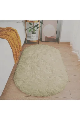 Bej Oval Post Halı Kesme Yolluk Peluş Yumuşak Kaymaz Dot Taban