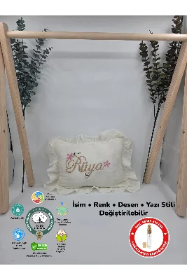 %100 Pamuk 4 Katlı Müslin Kumaş Fırfırlı Takı Yastığı Kılıfı 35*45 (Hediyeli İsimli Nakış Desenli)
