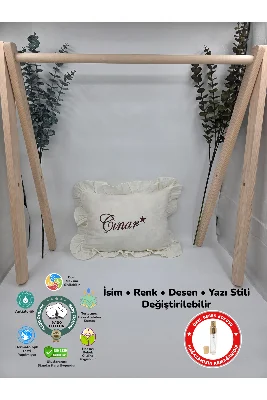 %100 Pamuk 4 Katlı Müslin Kumaş Fırfırlı Takı Yastığı Kılıfı 35*45 (Hediyeli İsimli Nakış Desenli)