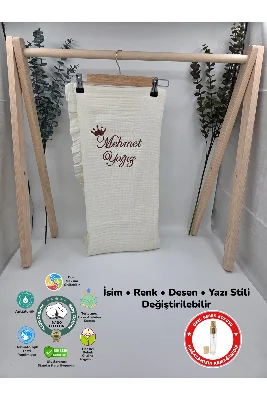 %100 Pamuk 4 Katlı Müslin Kumaş Fırfırlı Battaniye (Hediyeli İsimli Nakış Desenli)