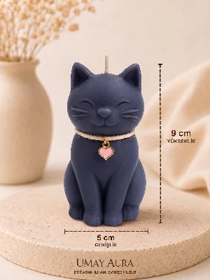 Kedi Figürlü Kolyeli Dekoratif Mum -Şans Kedisi Hediyelik Biblo Mum Soya Wax