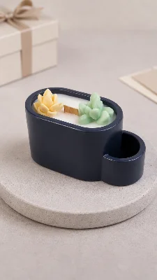 Kibritlik Detaylı Taş Tozu Sukulent Dekoratif Soya Wax Mum  Tasarım