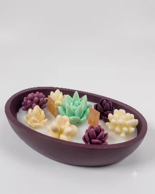 Sukulent Detaylı Kayık Dekoratif Mum 15x8,5cm Oval Taş Tozu