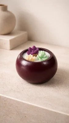 Yuvarlak Taş Tozu Sukulent Detaylı Dekoratif Mum 9x6,5 cm Soya Wax Mum