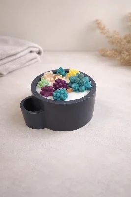 Yuvarlak Taş Tozu Sukulent Ve Kibritlik Detaylı Dekoratif Mum 13x6,5 cm Soya Wax Mum