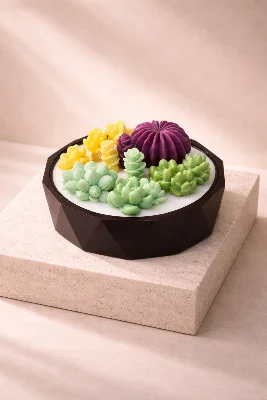 Kaktüs Dekoratif Mum-El Yapımı Taş Tozu Saksı Ahşap 3 Fitilli Kaktüs Mum - Doğal Soya Wax - 14x5,5 cm