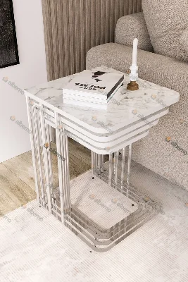 Usta Mekan Orkide Tekerlekli 4 Lü Zigon Sehpa Gümüş- Beyaz Mermer Desen Mdf Çok Renkli