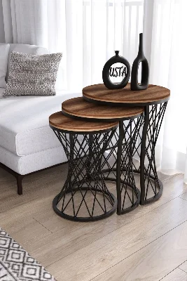 Usta Mekan Hasır Telli Model Statik Zigon Sehpa Koyu Ahşap Tabla Siyah Venato