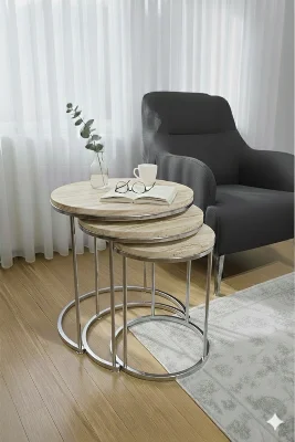Usta Mekan Gümüş Metal Traverten Mermer Desen Ahşap Tablalı 3 Lü Zigon Sehpa