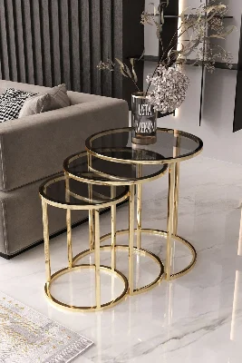 Usta Mekan Gold Metal Füme Cam 3 Lü Zigon Sehpa Gold - Füme