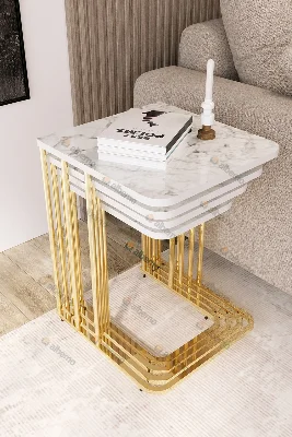 Usta Mekan Orkide Tekerlekli 4 Lü Zigon Sehpa Gold- Beyaz Mermer Mdf Ekru