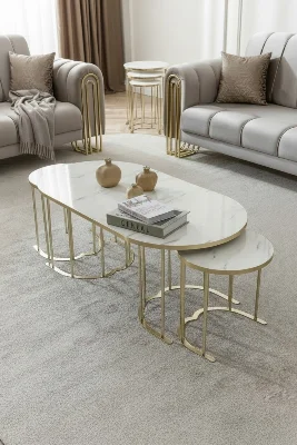 Usta Mekan Lotus Gold Marmo Lak Panel 2+1 Orta Sehpa Krem
