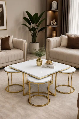 Milano 5 li Gold Beyaz 4+1 Kare Salon, Oturma Odası, Ofis Orta Sehpası