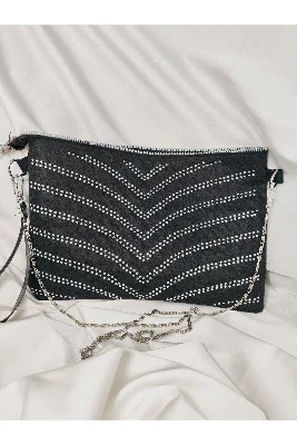 Siyah Taşlı Zincir Askılı Portföy Clutch