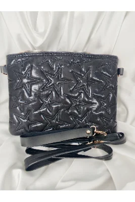 Yıldız Desenli Siyah Kapitone Clutch Portföy Bilek ve Omuz Çantası