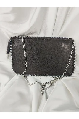 Kahverengi Taşlı Kenarlı Gümüş Zincir Askılı Portföy Clutch Çanta