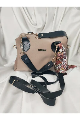 Bej Krem Fashion Yazılı Paisley Fularlı Geniş Hacim Omuz Çantası