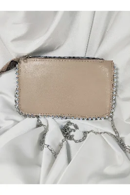 Bej Nude Taşlı Kenar Detaylı Gümüş Zincir Askılı Clutch Çanta