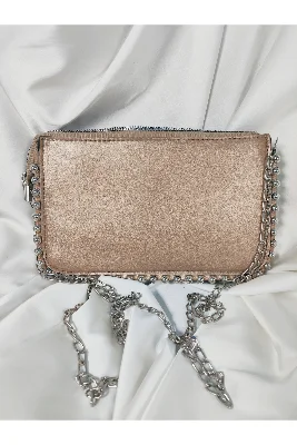 Dore Rose Gold Taşlı Boncuklu Gümüş Zincir Askılı Portföy Clutch