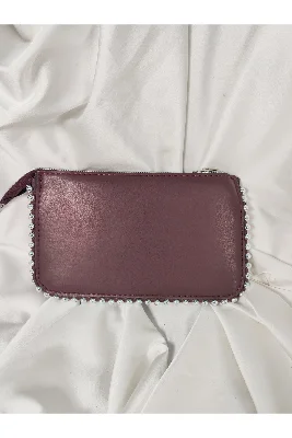Bordo Şarap Taşlı Kenar Detaylı Boncuklu Portföy Clutch El Çantası