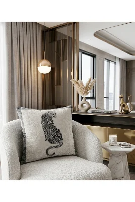 Ekru-Gri Renk Aslan Desenli Kadife Kumaş Kırlent Kılıfı 45x45