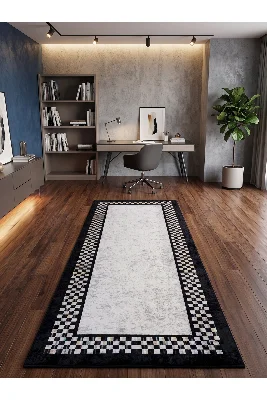 Damalı Kaymaz Taban 70x160 Halı - Gri-siyah
