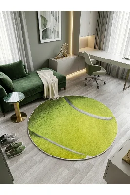 Tenis Topu Desenli Yıkanabilir Yuvarlak Çocuk-Genç Halısı