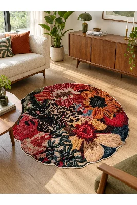 Floral Çiçek Desenli Scalloped Kesim Lateks Taban Salon Antre Halı