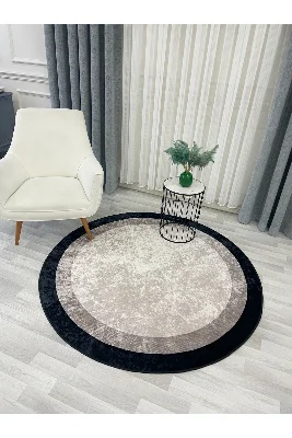 BEJ-SİYAH Çerçeve Kenarlı Modern Desenli Lateks Taban Halı