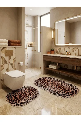 2'li Leopar Desen Lateks Taban Banyo Paspası (70x110-45x55)