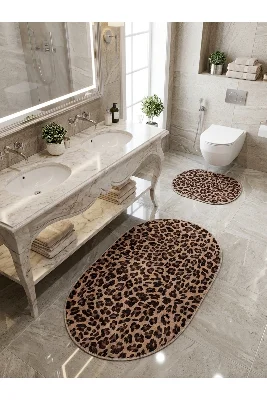 Leopar Desenli Lateks Taban 2'li Banyo Paspası (70x110-70x50)